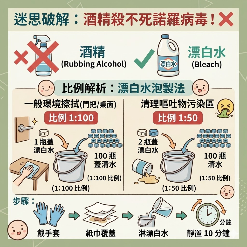 諾羅病毒環境消毒_漂白水稀釋比例教學_清理嘔吐物